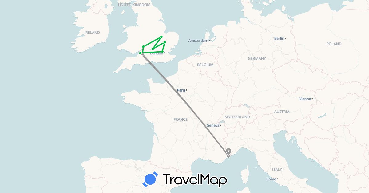 TravelMap itinerary: bus, plane in France, United Kingdom (Europe)
