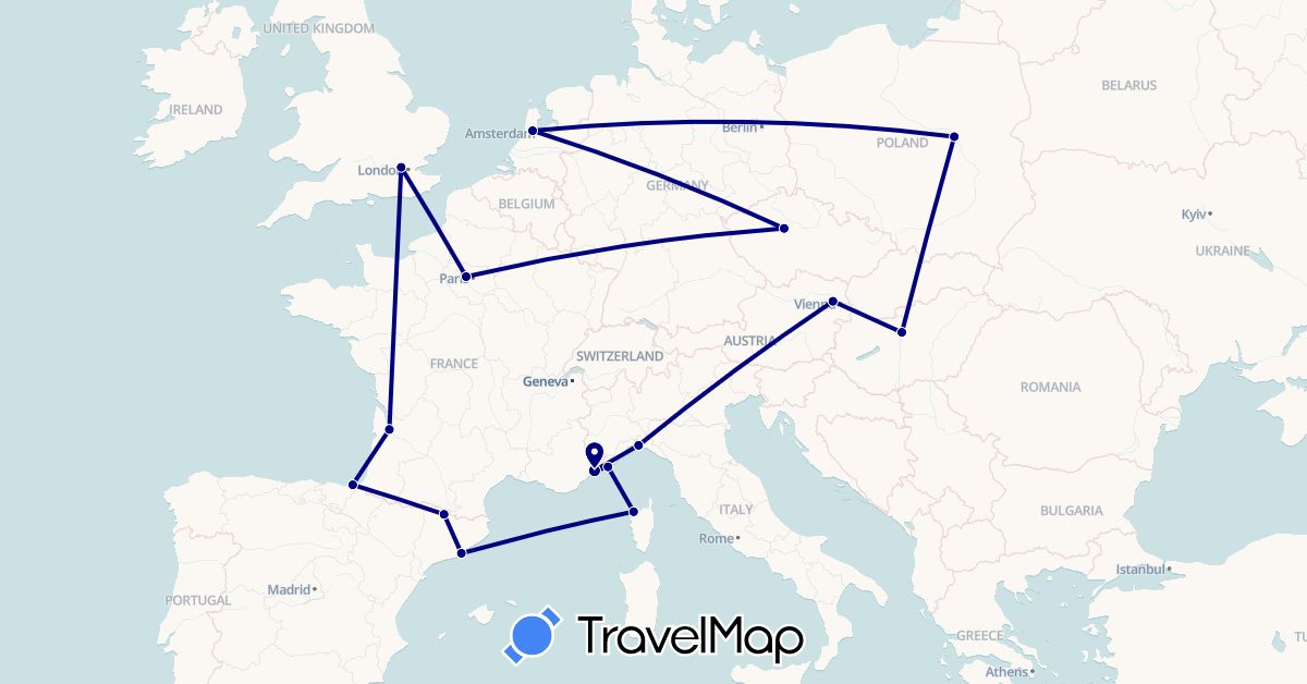 TravelMap itinerary: driving in Andorra, Austria, Czech Republic, Spain, France, United Kingdom, Hungary, Italy, Netherlands, Poland (Europe)